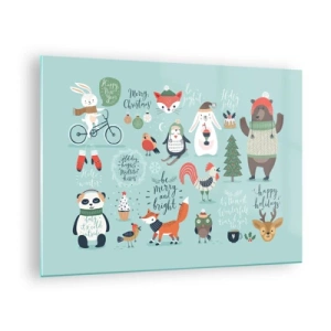 Glasbild - Bild auf glas - Weihnachtstierillustrationen auf pastellfarbenem Hintergrund - 70x50cm - Möge es immer Weihnachten sein! - Moderne Wanddekoration für Wohnzimmer und Schlafzimmer ARTTOR