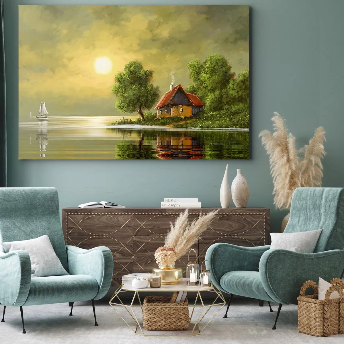 Bild auf Leinwand - Leinwandbild - Seehaus im Abendlicht - 70x50cm - Schön, wie ein Bild - Moderne Wanddekoration für Wohnzimmer und Schlafzimmer ARTTOR