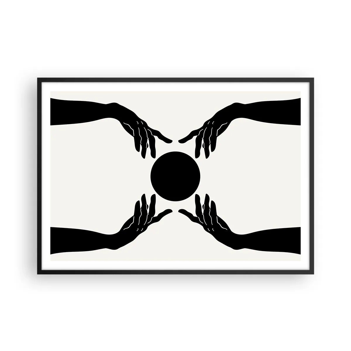 Poster in einem schwarzem Rahmen - Schwarze Hände in einer symmetrischen Komposition mit einer Kugel - 100x70cm - Geheimes Zeichen - Moderne Wanddekoration für Wohnzimmer und Schlafzimmer ARTTOR