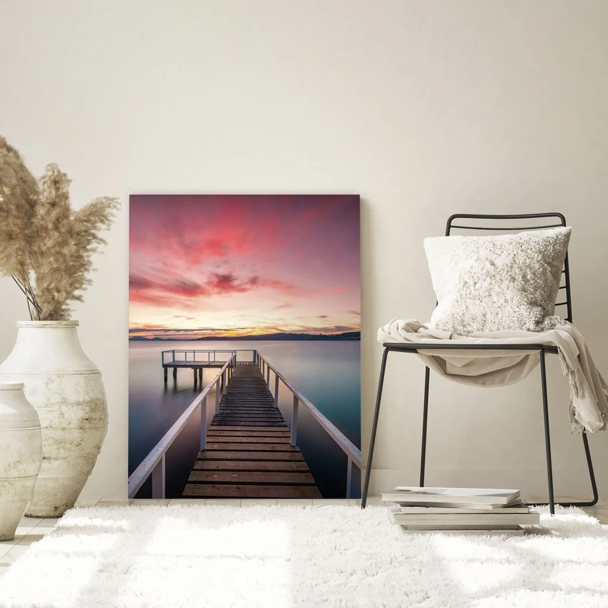 Glasbild - Bild auf glas - Lakeside Pier bei Sonnenuntergang mit einem rosa Himmel - 50x70cm - Die sanfte Flamme des Abends - Moderne Wanddekoration für Wohnzimmer und Schlafzimmer ARTTOR