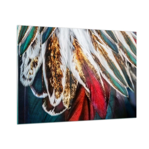 Glasbild - Bild auf glas - Bunte Federn in einer reichen Farbpalette mit einer ausgeprägten Textur - 100x70cm - Geheimnisse des Fliegens - Moderne Wanddekoration für Wohnzimmer und Schlafzimmer ARTTOR