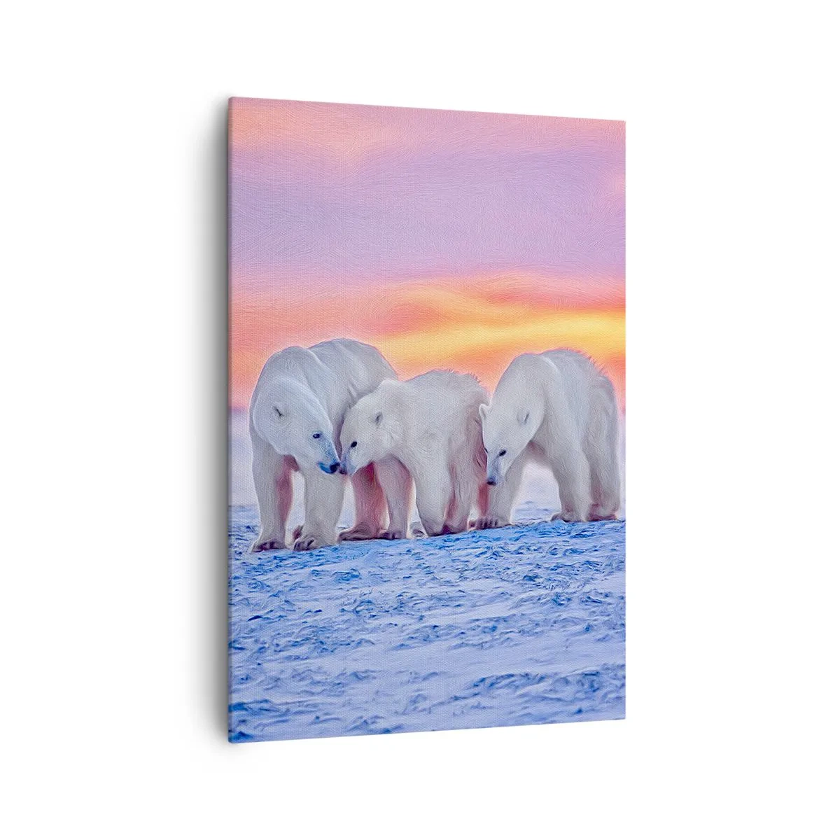 Bild auf Leinwand - Leinwandbild - Drei Eisbären vor dem Hintergrund eines arktischen Sonnenuntergangs - 70x100cm - Familienwärme ist genug - Moderne Wanddekoration für Wohnzimmer und Schlafzimmer ARTTOR