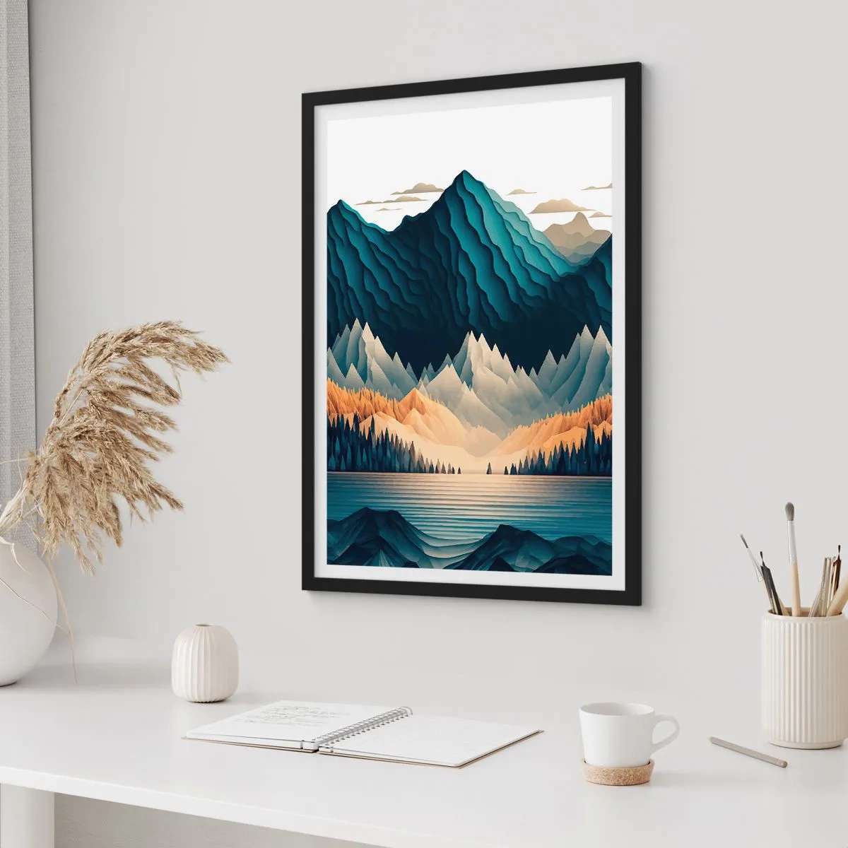 Poster in einem schwarzem Rahmen - Stilisierte Berglandschaft mit See in Blautönen - 50x70cm - Perfekte Berglandschaft - Moderne Wanddekoration für Wohnzimmer und Schlafzimmer ARTTOR