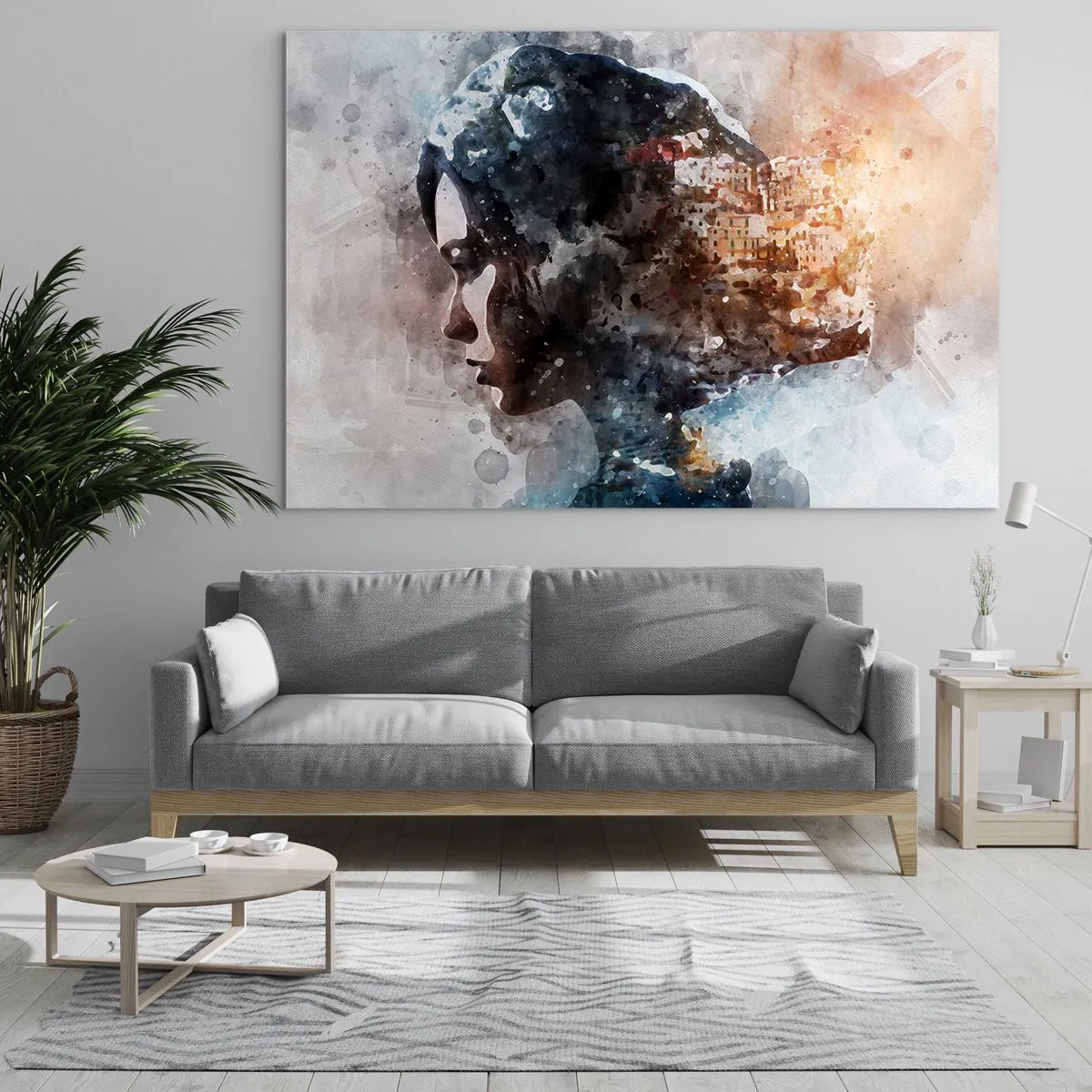 Glasbild - Bild auf glas - Ein Profil einer Frau im Aquarellstil mit einer Stadt im Hintergrund. - 100x70cm - Eine Geschichte über ein Mädchen mit einer Stadt im Hintergrund - Moderne Wanddekoration für Wohnzimmer und Schlafzimmer ARTTOR