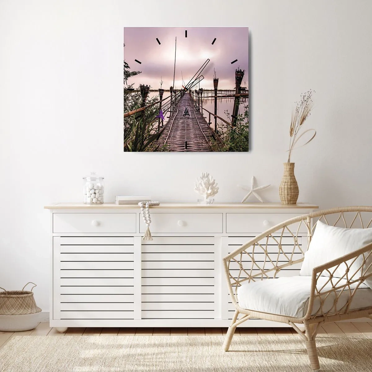 Wanduhr - Glasuhr - Bambusbrücke über das Wasser im Morgengrauen - 30x30cm - Frieden und Ruhe Asiens - Moderne Wanddekoration für Wohnzimmer und Schlafzimmer ARTTOR