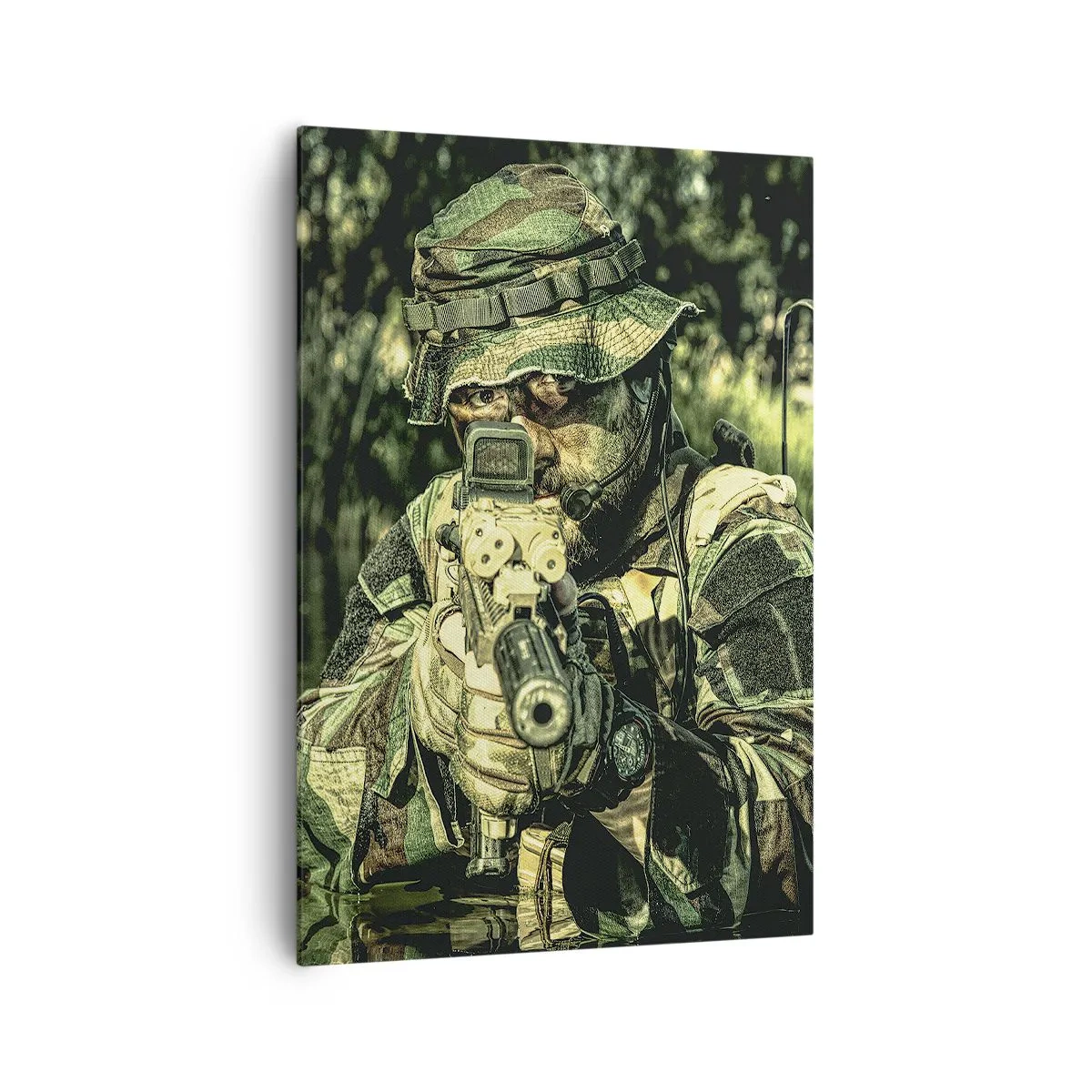 Bild auf Leinwand - Leinwandbild - Ein Soldat in Tarnkleidung zielt durch das Wasser. - 70x100cm - Das Beste vom Besten - Moderne Wanddekoration für Wohnzimmer und Schlafzimmer ARTTOR