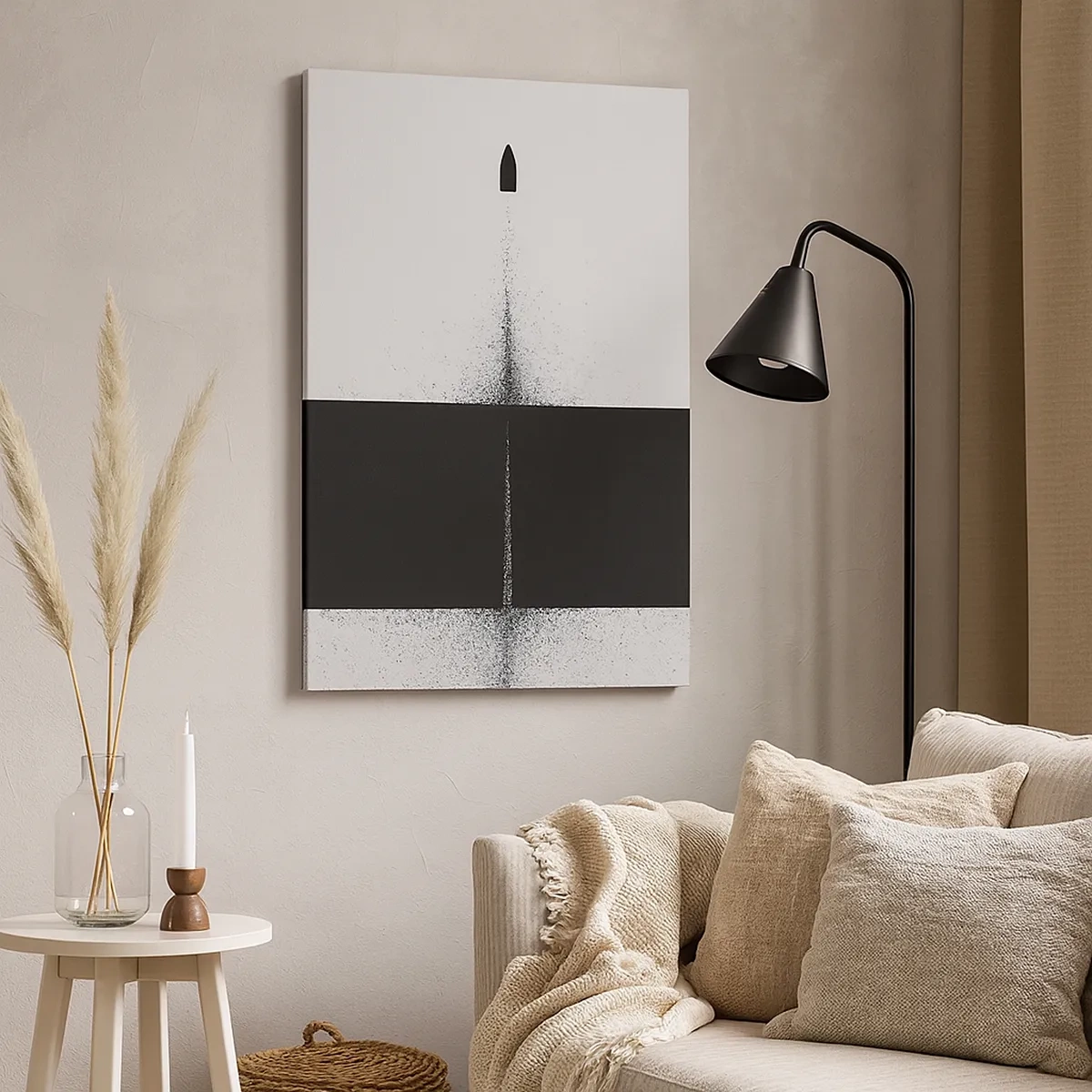 Bild auf Leinwand - Leinwandbild - Ein symbolisches Projektil im minimalistischen, abstrakten Stil. - 50x70cm - Direkt zum Ziel - Moderne Wanddekoration für Wohnzimmer und Schlafzimmer ARTTOR