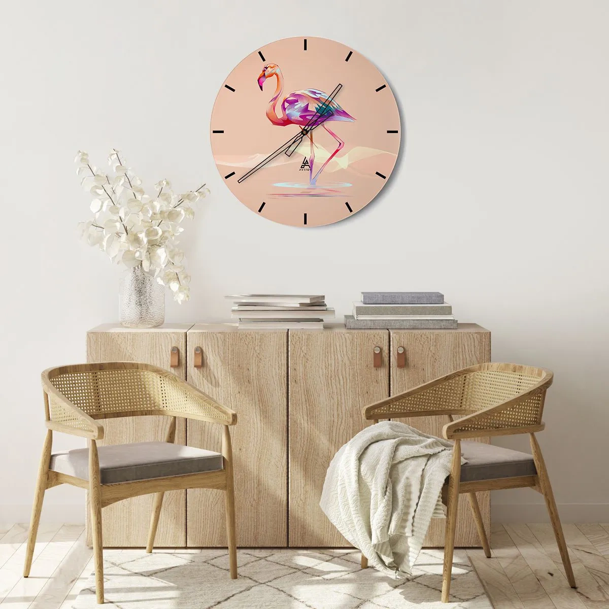 Wanduhr - Glasuhr - Flamingo mit geometrischem Muster auf beigem Hintergrund - 30x30cm - Der Vogel der guten Gefühle - Moderne Wanddekoration für Wohnzimmer, Küche und Schlafzimmer ARTTOR