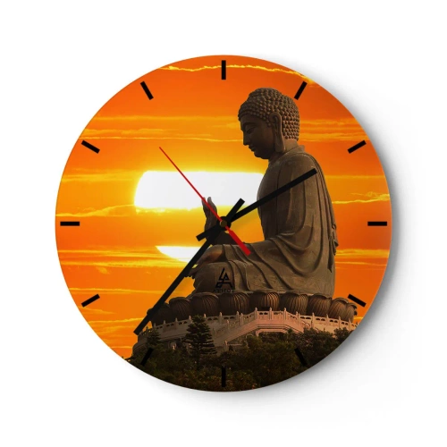 Wanduhr - Glasuhr - Eine Buddha-Statue vor der Kulisse eines intensiven Sonnenuntergangs in warmen Farben. - 30x30cm - Keine Angst vor der Welt - Moderne Wanddekoration für Wohnzimmer, Küche und Schlafzimmer ARTTOR