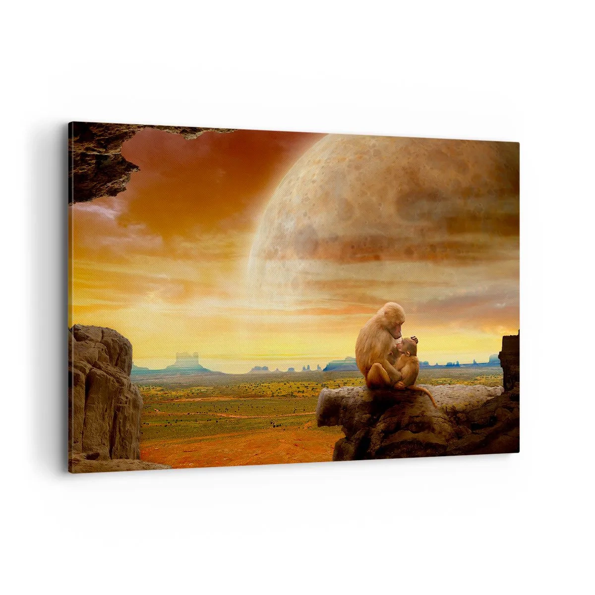 Bild auf Leinwand - Leinwandbild - Affen sitzen auf einem Felsen in einer surrealen Landschaft mit einem riesigen Planeten - 120x80cm - Die Liebe ist überall gleich - Moderne Wanddekoration für Wohnzimmer und Schlafzimmer ARTTOR