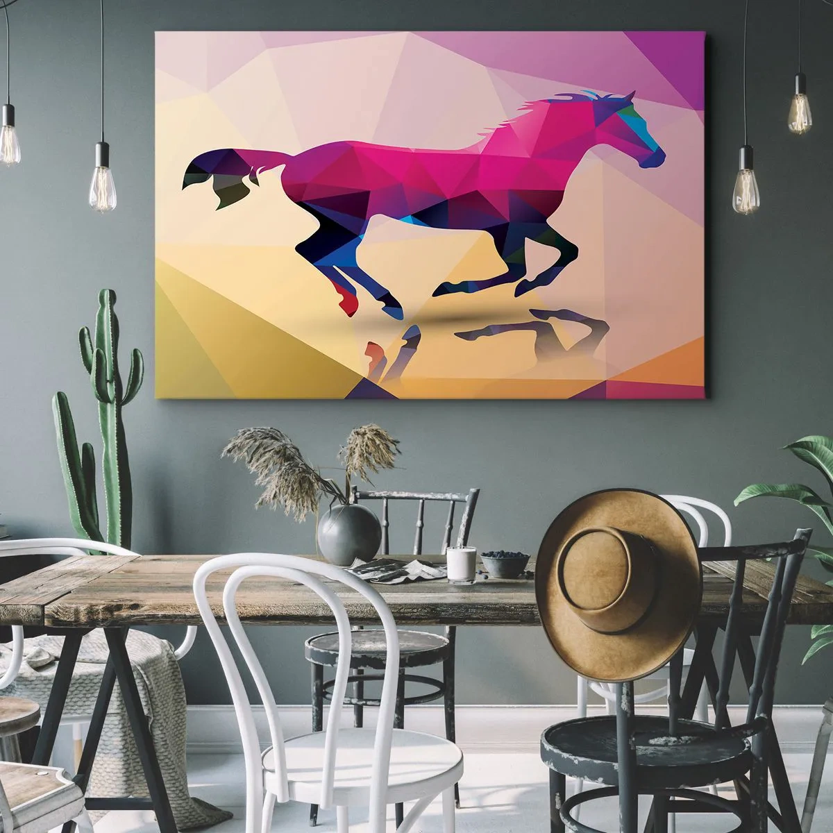 Bild auf Leinwand - Leinwandbild - Geometrische Silhouette eines galoppierenden Pferdes in leuchtenden Farben - 120x80cm - Kubismus lebt noch - Moderne Wanddekoration für Wohnzimmer und Schlafzimmer ARTTOR