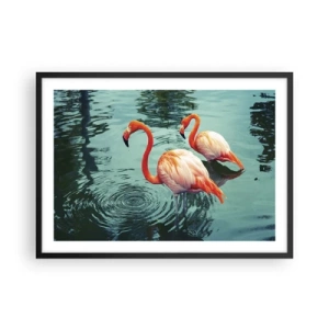 Poster in einem schwarzem Rahmen - Zwei Flamingos im ruhigen Wasser spiegeln ihre Umgebung wider - 70x50cm - Wir sind jetzt in Mode - Moderne Wanddekoration für Wohnzimmer und Schlafzimmer ARTTOR