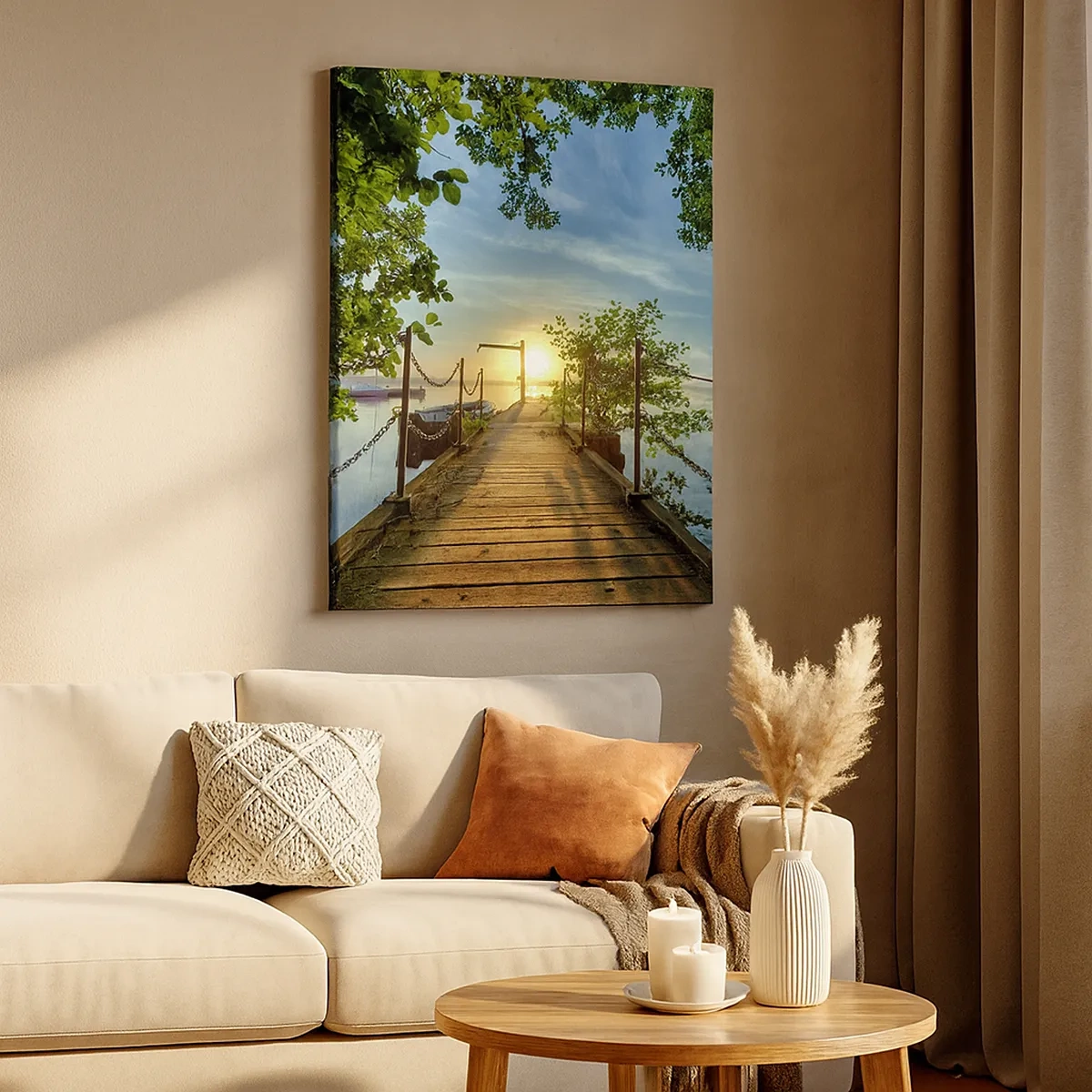 Bild auf Leinwand - Leinwandbild - Ein Pier über dem See in den Strahlen des Sonnenuntergangs - 50x70cm - Westen auf dem Wasser - Moderne Wanddekoration für Wohnzimmer und Schlafzimmer ARTTOR