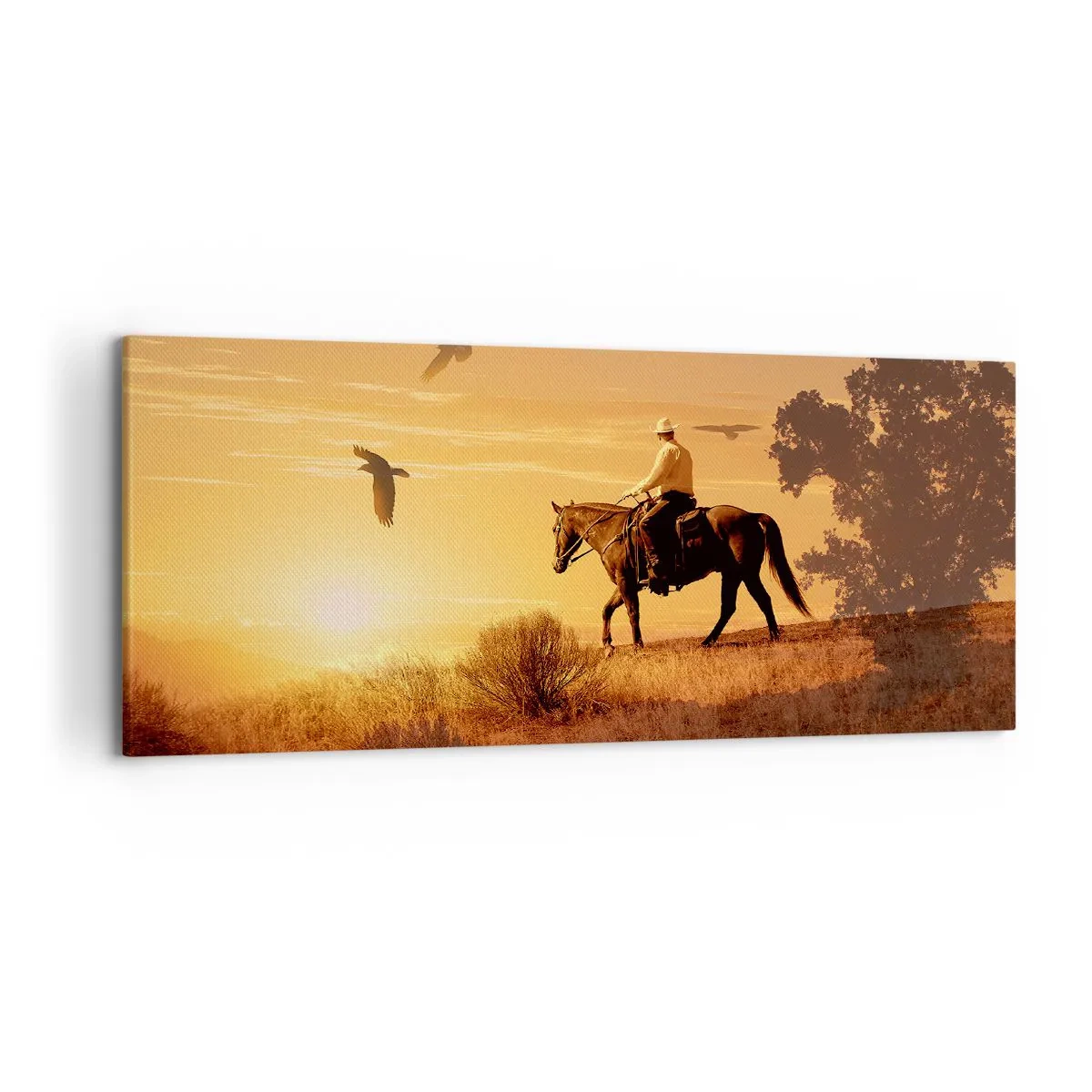 Bild auf Leinwand - Leinwandbild - Ein Reiter auf einem Pferd bei Sonnenuntergang vor der Prärie - 120x50cm - Allein durch die Prärie - Moderne Wanddekoration für Wohnzimmer und Schlafzimmer ARTTOR