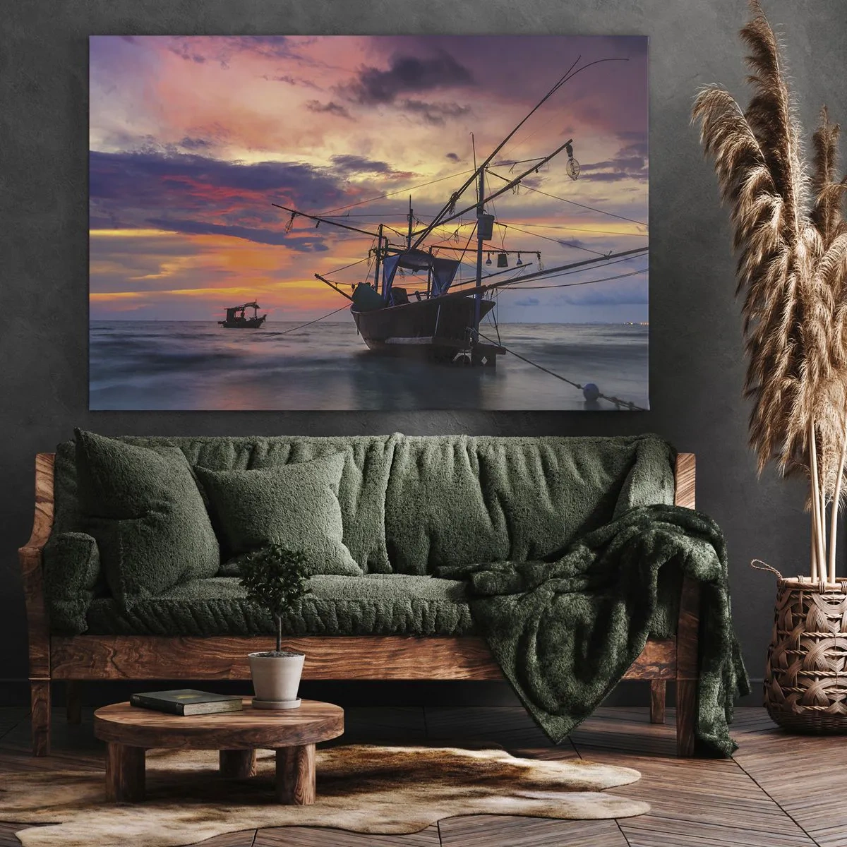 Bild auf Leinwand - Leinwandbild - Ein Fischerboot vor der Kulisse eines farbenfrohen Sonnenuntergangs - 70x50cm - Exotischer Abend - Moderne Wanddekoration für Wohnzimmer und Schlafzimmer ARTTOR