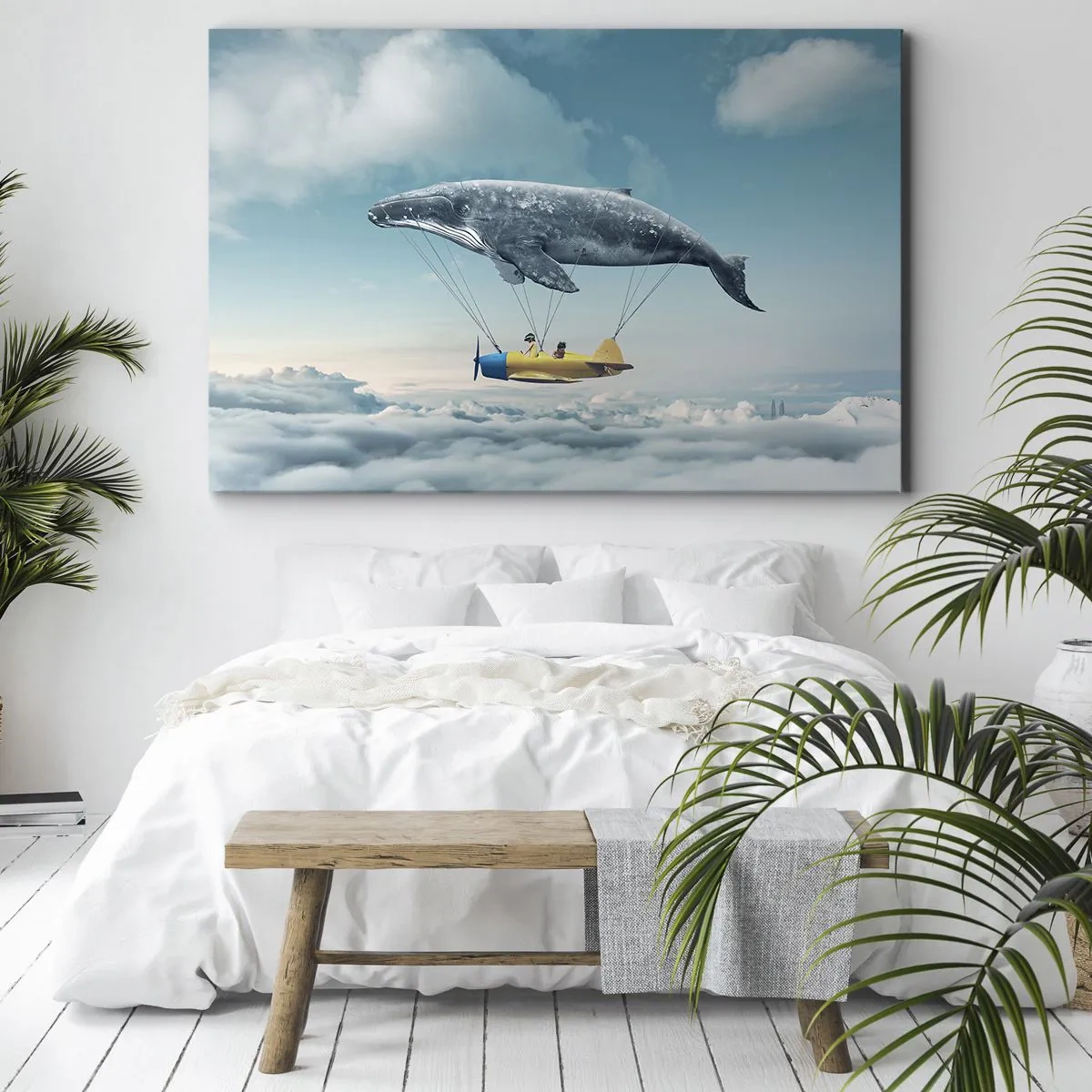 Bild auf Leinwand - Leinwandbild - Ein fliegender Wal trägt ein Flugzeug in einer surrealen Umgebung. - 120x80cm - Warum nicht? - Moderne Wanddekoration für Wohnzimmer und Schlafzimmer ARTTOR