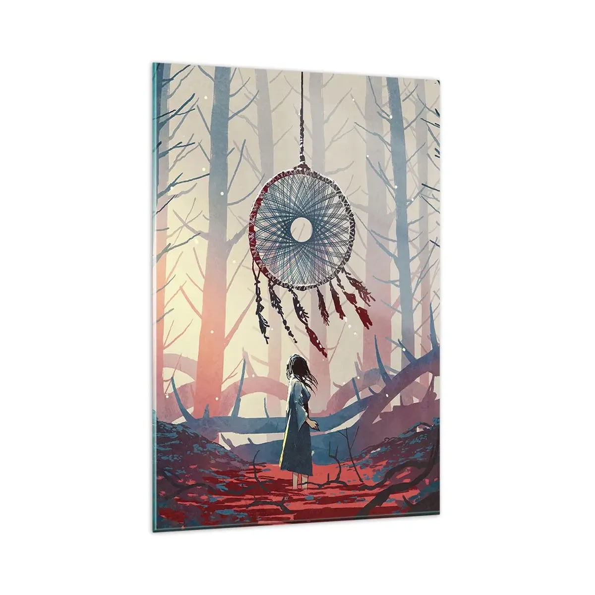 Glasbild - Bild auf glas - Waldszene mit riesigem Traumfänger - 80x120cm - Geheimes Glücksritual - Moderne Wanddekoration für Wohnzimmer und Schlafzimmer ARTTOR