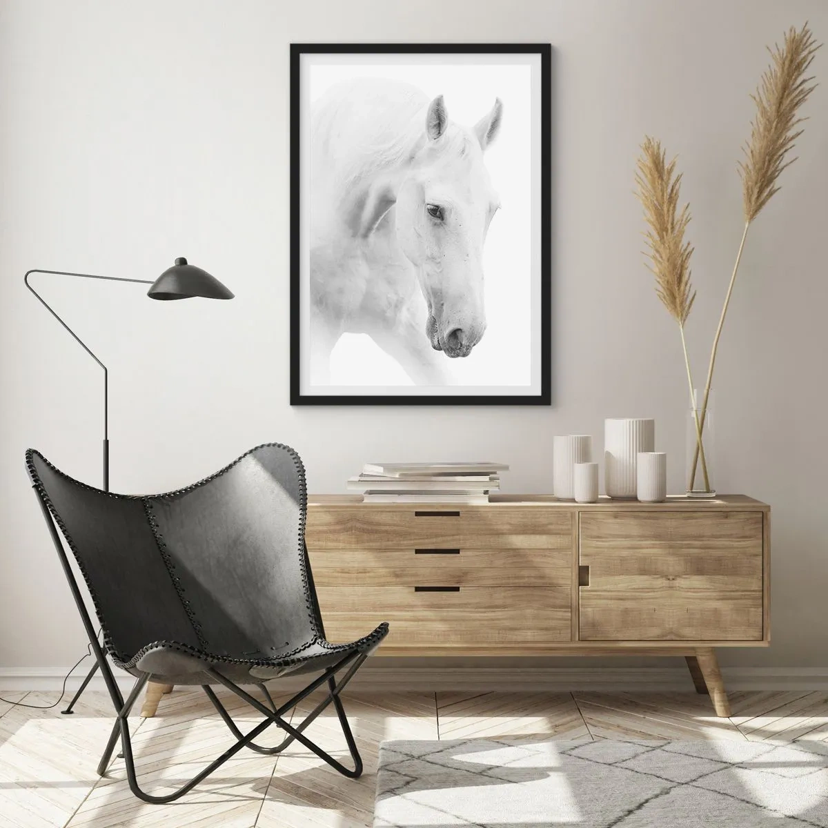 Poster in einem schwarzem Rahmen - Porträt eines weißen Pferdes im minimalistischen Stil - 50x70cm - Ist das Freundschaft...? - Moderne Wanddekoration für Wohnzimmer und Schlafzimmer ARTTOR