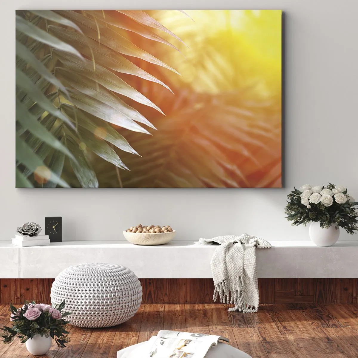 Bild auf Leinwand - Leinwandbild - Palmblätter in den Strahlen des Sonnenuntergangs - 70x50cm - Morgen im Dschungel - Moderne Wanddekoration für Wohnzimmer und Schlafzimmer ARTTOR