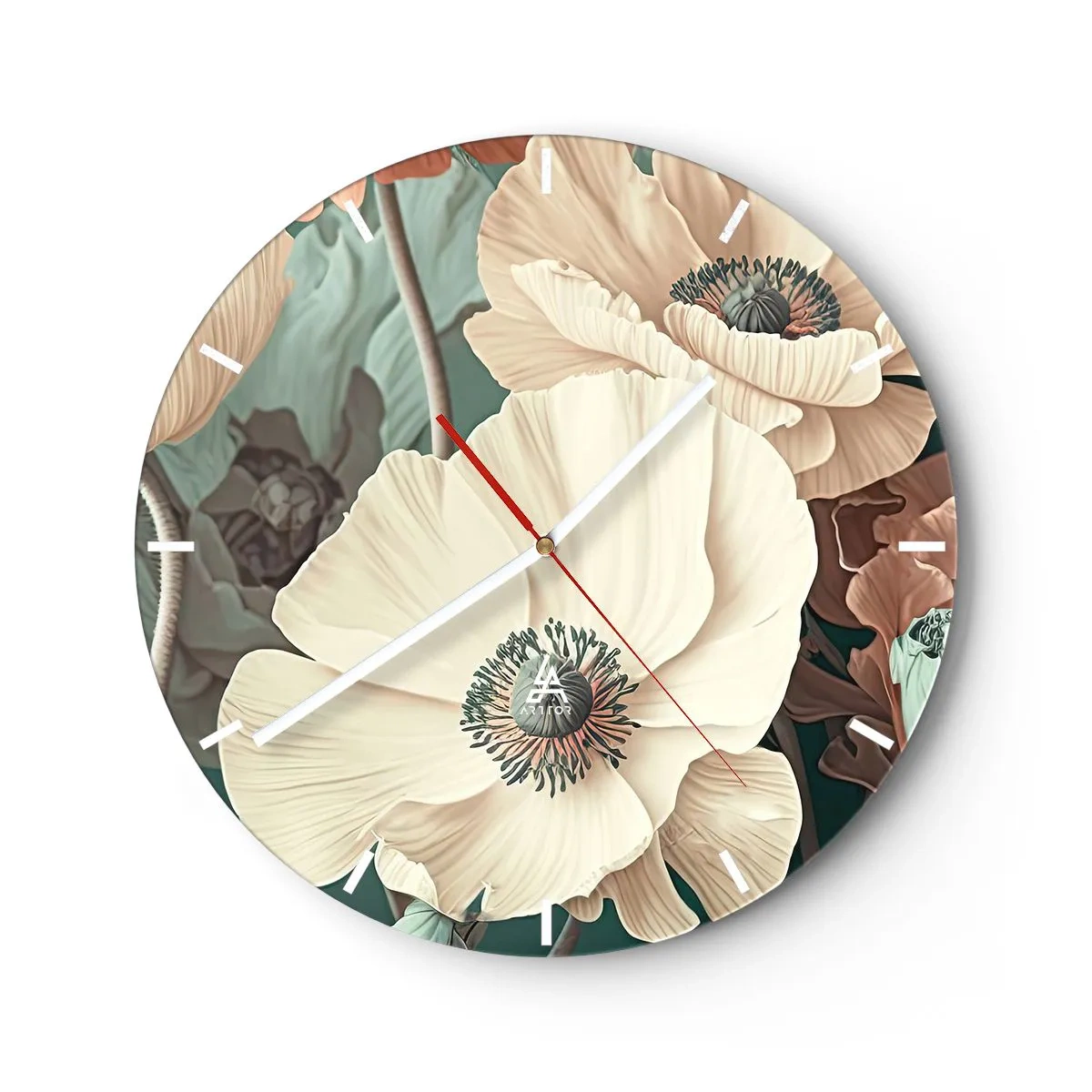 Wanduhr - Glasuhr - Cremefarbene Mohnblumen vor einem Hintergrund aus Blättern in einer gedämpften Pastellpalette - 30x30cm - Flüstern von Mohnblumen - Moderne Wanddekoration für Wohnzimmer, Küche und Schlafzimmer ARTTOR