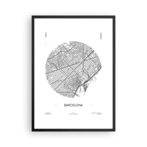 Poster in einem schwarzem Rahmen - Eine minimalistische Karte von Barcelona in Schwarzweiß. - 50x70cm - Anatomie von Barcelona - Moderne Wanddekoration für Wohnzimmer und Schlafzimmer ARTTOR