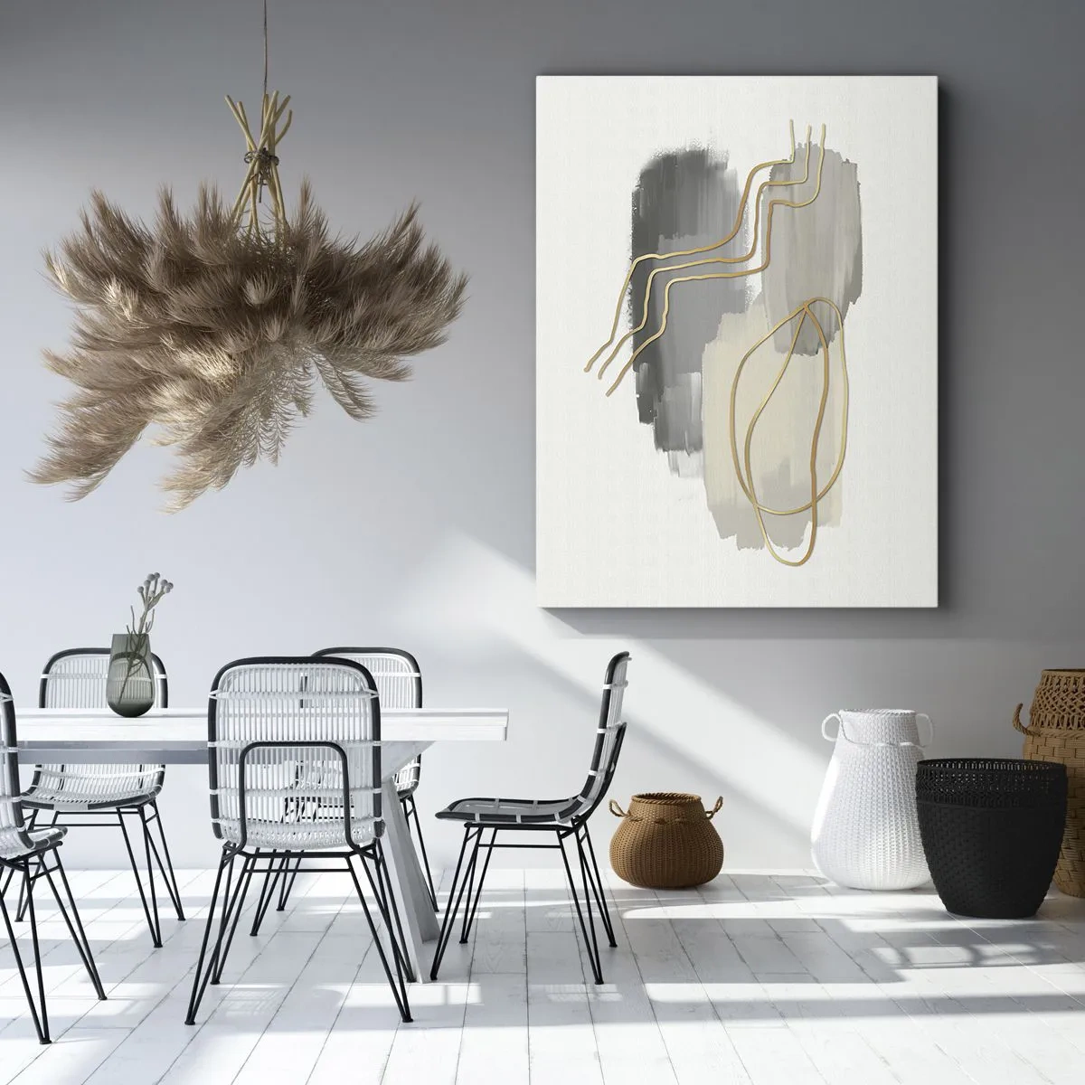 Bild auf Leinwand - Leinwandbild - Abstrakte goldene Linien auf grauem Hintergrund - 50x70cm - Dauer und Bewegung - Moderne Wanddekoration für Wohnzimmer und Schlafzimmer ARTTOR