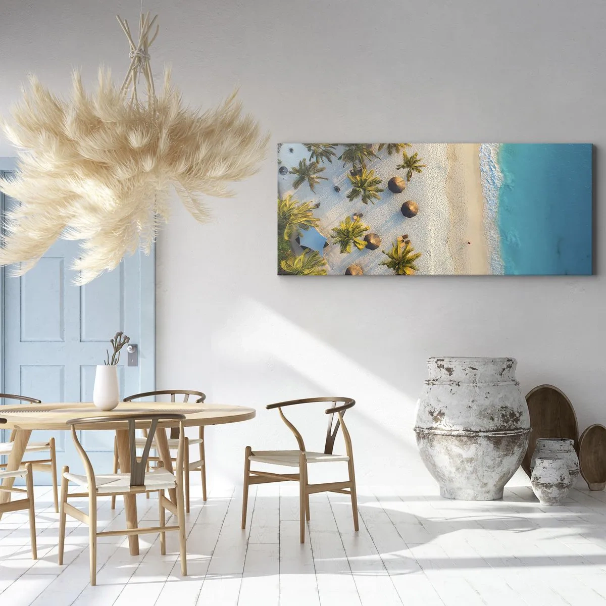 Bild auf Leinwand - Leinwandbild - Blick auf einen tropischen Strand mit Palmen und türkisfarbenem Meer - 160x50cm - Willkommen im Paradies - Moderne Wanddekoration für Wohnzimmer und Schlafzimmer ARTTOR