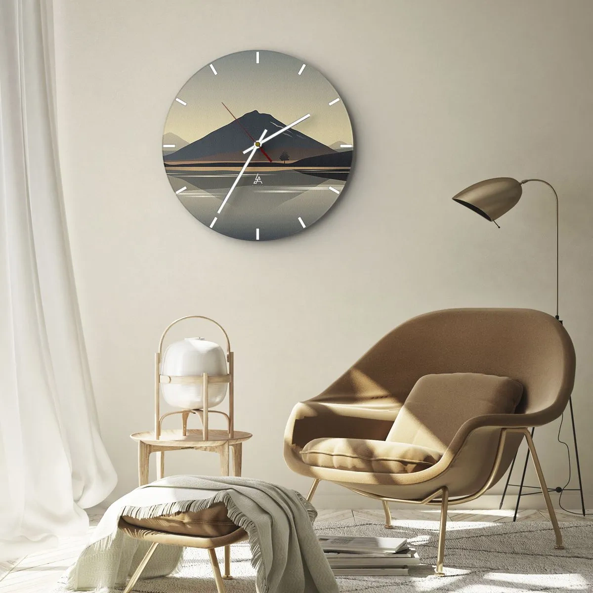 Wanduhr - Glasuhr - Ein Berg über einem See in Pastelllicht mit Spiegelung im Wasser - 30x30cm - Spiegelreflexion - Moderne Wanddekoration für Wohnzimmer, Küche und Schlafzimmer ARTTOR