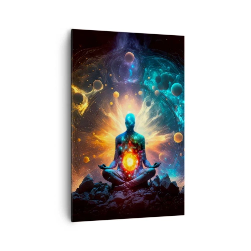 Bild auf Leinwand - Leinwandbild - Eine meditierende Figur, umgeben von einer kosmischen Aura - 80x120cm - Kosmischer Frieden - Moderne Wanddekoration für Wohnzimmer und Schlafzimmer ARTTOR