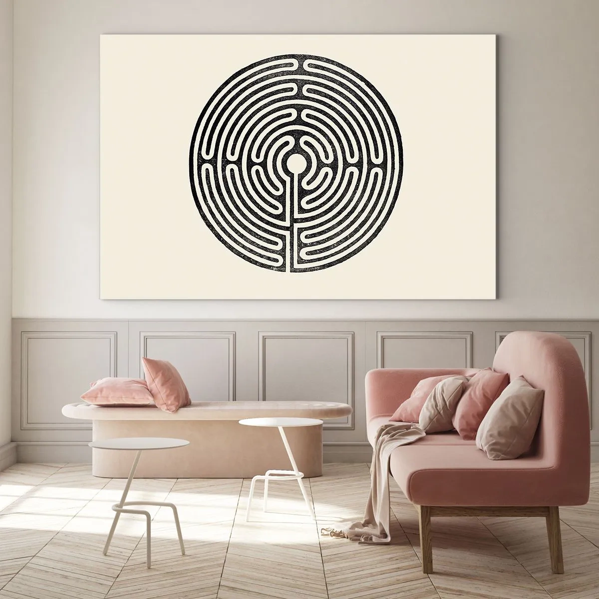 Glasbild - Bild auf glas - Ein schwarz-weißes Labyrinth in kreisförmiger Form auf hellem Hintergrund. - 100x70cm - Geheimnisvolle Ordnung - Moderne Wanddekoration für Wohnzimmer und Schlafzimmer ARTTOR