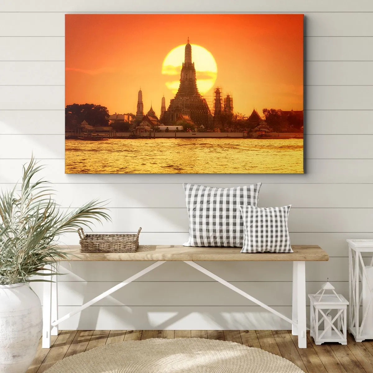 Bild auf Leinwand - Leinwandbild - Sonnenuntergang über dem Tempel mit Spiegelbild im Wasser - 70x50cm - Der Sonne entgegen, immer der Sonne entgegen - Moderne Wanddekoration für Wohnzimmer und Schlafzimmer ARTTOR