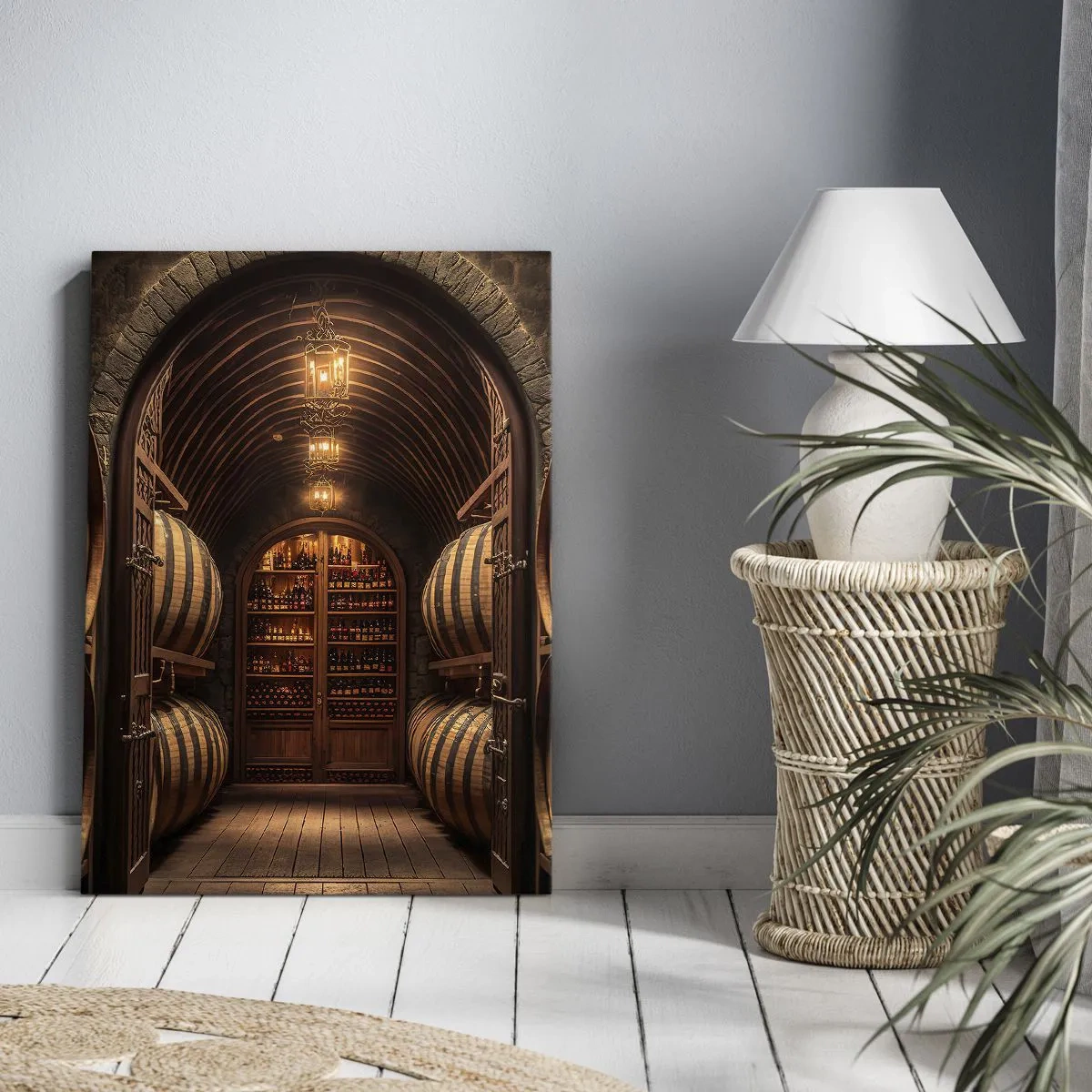 Bild auf Leinwand - Leinwandbild - Weinkeller mit Holzfässern und Weinregalen - 50x70cm - Stimmungsvoller Keller - Moderne Wanddekoration für Wohnzimmer und Schlafzimmer ARTTOR