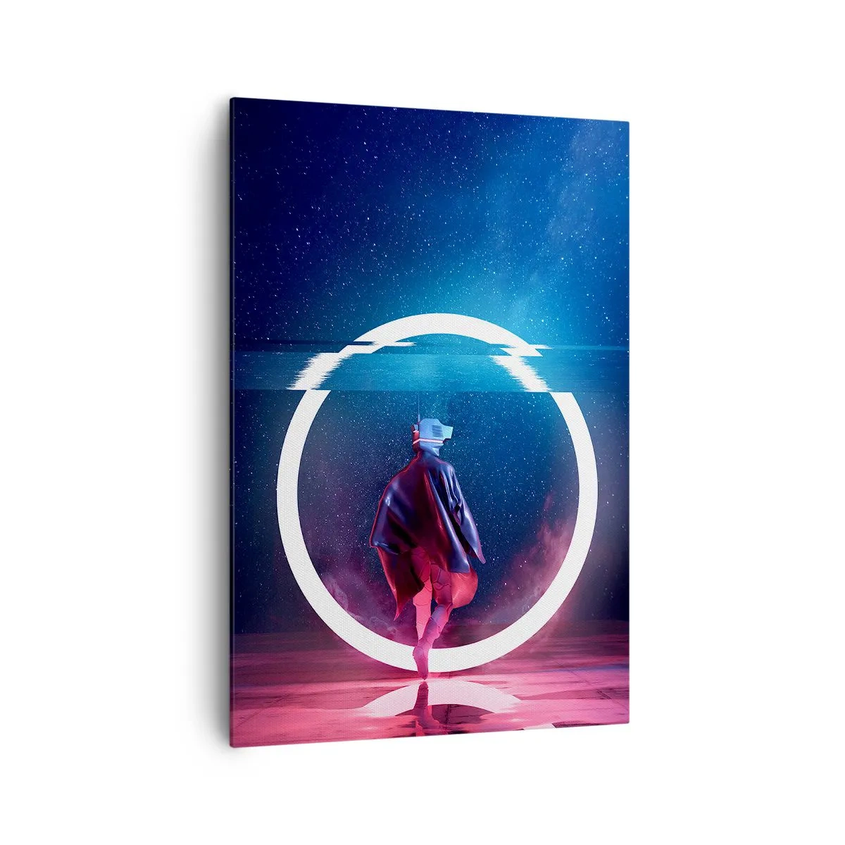 Bild auf Leinwand - Leinwandbild - Eine Figur in einer futuristischen Umgebung mit einem Neonkreis - 70x100cm - Zwischen den Welten - Moderne Wanddekoration für Wohnzimmer und Schlafzimmer ARTTOR