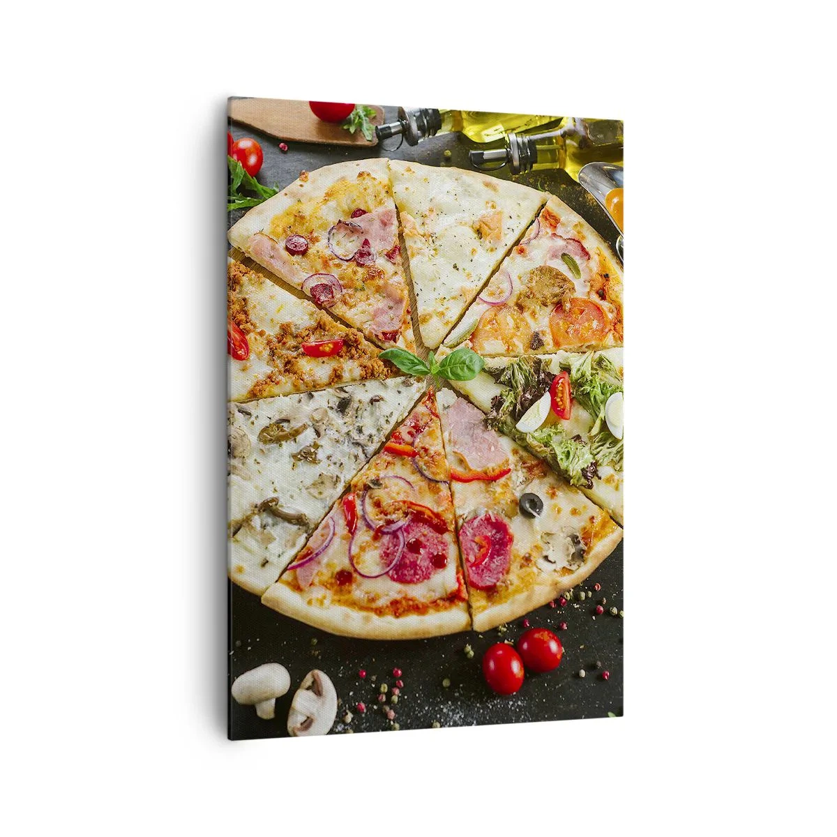 Bild auf Leinwand - Leinwandbild - Pizza in verschiedenen Geschmacksrichtungen mit verschiedenen Belägen - 70x100cm - Eine Reihe von Geschmacksrichtungen - Moderne Wanddekoration für Wohnzimmer und Schlafzimmer ARTTOR