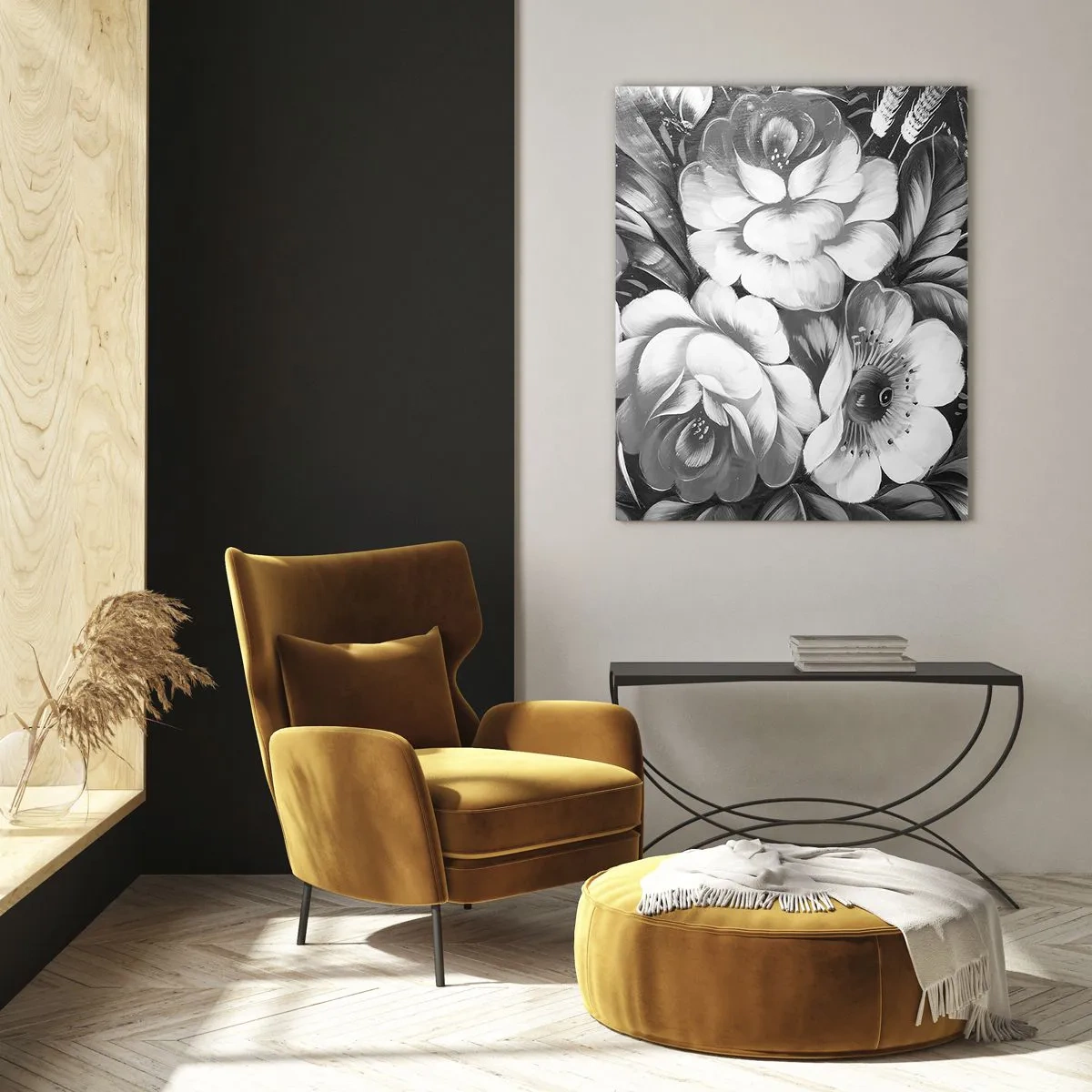 Glasbild - Bild auf glas - Ein eleganter Blumenstrauß in Grautönen - 50x70cm - Schön auch in Grau - Moderne Wanddekoration für Wohnzimmer und Schlafzimmer ARTTOR