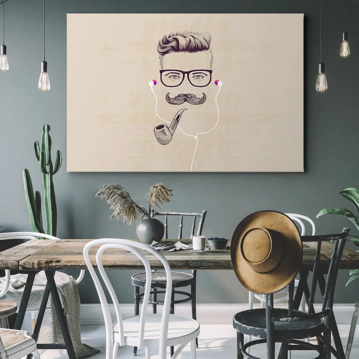 Bild auf Leinwand - Leinwandbild - Retro-Porträt eines Mannes mit Pfeife, Kopfhörer und Brille - 120x80cm - Ein echter Mann? - Moderne Wanddekoration für Wohnzimmer und Schlafzimmer ARTTOR