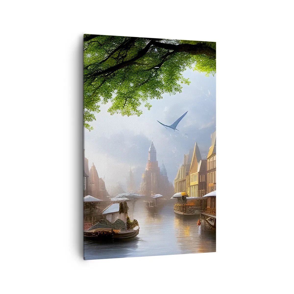 Bild auf Leinwand - Leinwandbild - Eine malerische holländische Landschaft mit einem Kanal und Mietshäusern - 80x120cm - Niederländisches Stadtbild - Moderne Wanddekoration für Wohnzimmer und Schlafzimmer ARTTOR