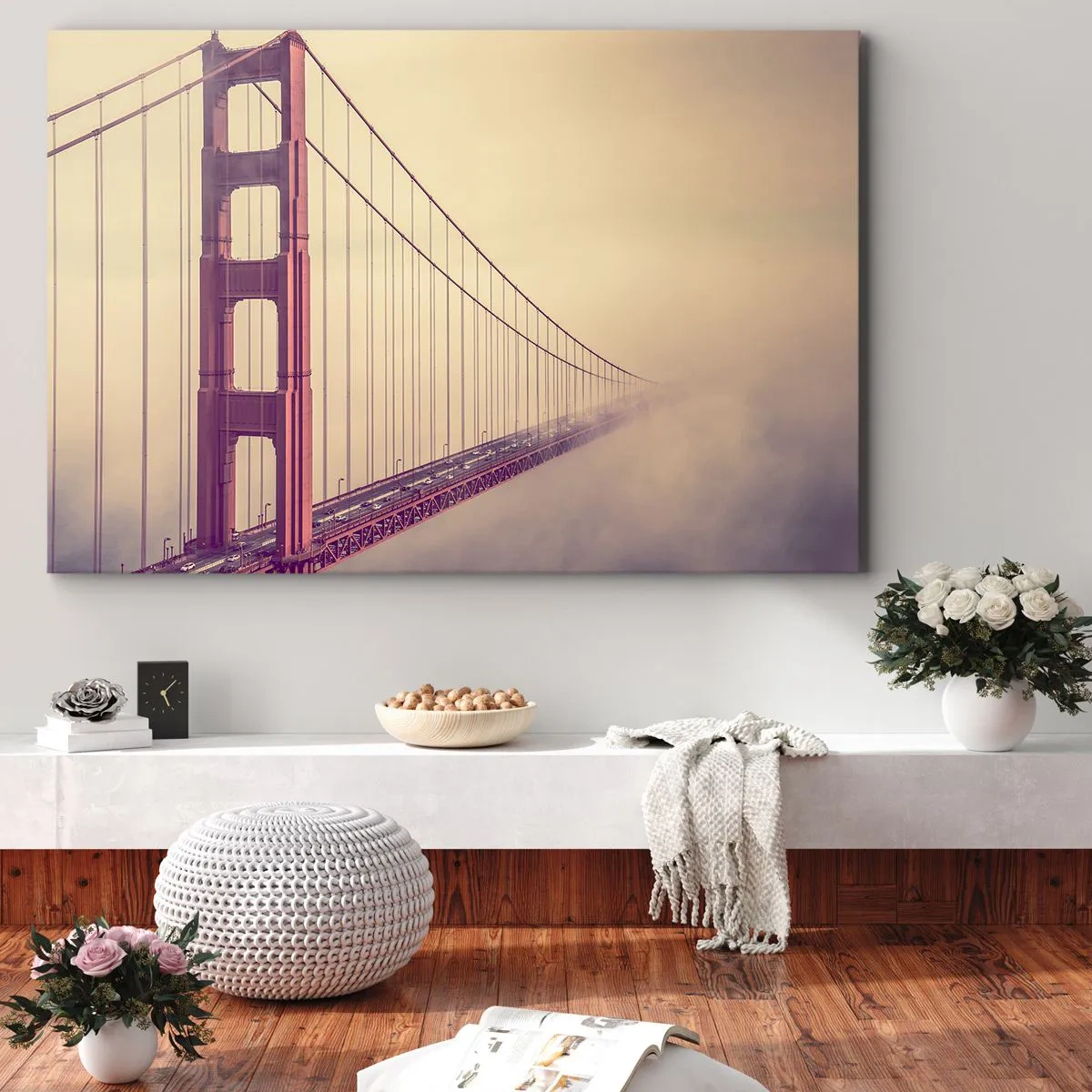 Bild auf Leinwand - Leinwandbild - Eine Brücke im Nebel in Pastelltönen, ein Symbol für Eleganz und Frieden - 70x50cm - Zwischen Himmel und Erde - Moderne Wanddekoration für Wohnzimmer und Schlafzimmer ARTTOR