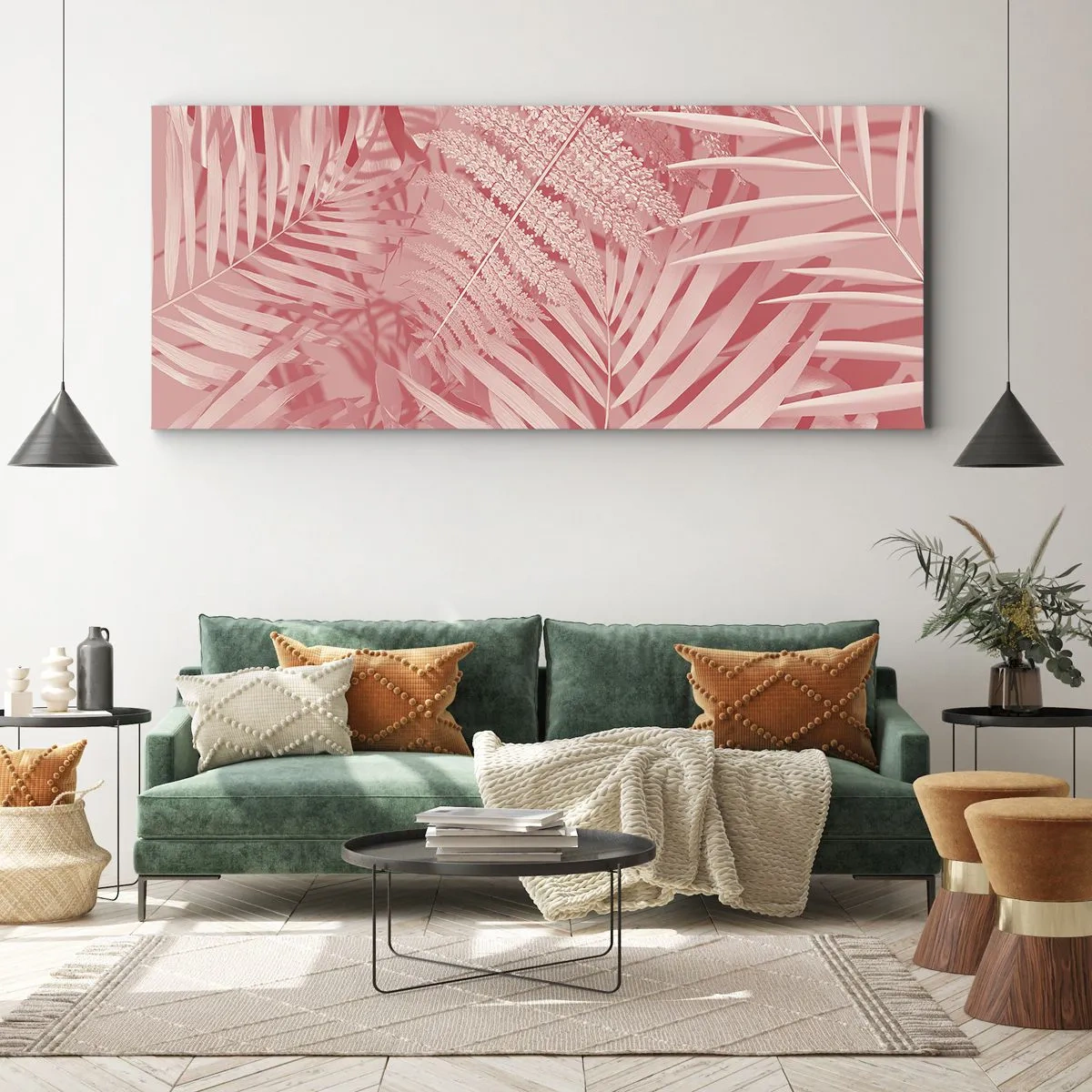 Bild auf Leinwand - Leinwandbild - Rosa tropische Blätter in einem zarten und minimalistischen Stil - 120x50cm - Rosa Konzept - Moderne Wanddekoration für Wohnzimmer und Schlafzimmer ARTTOR
