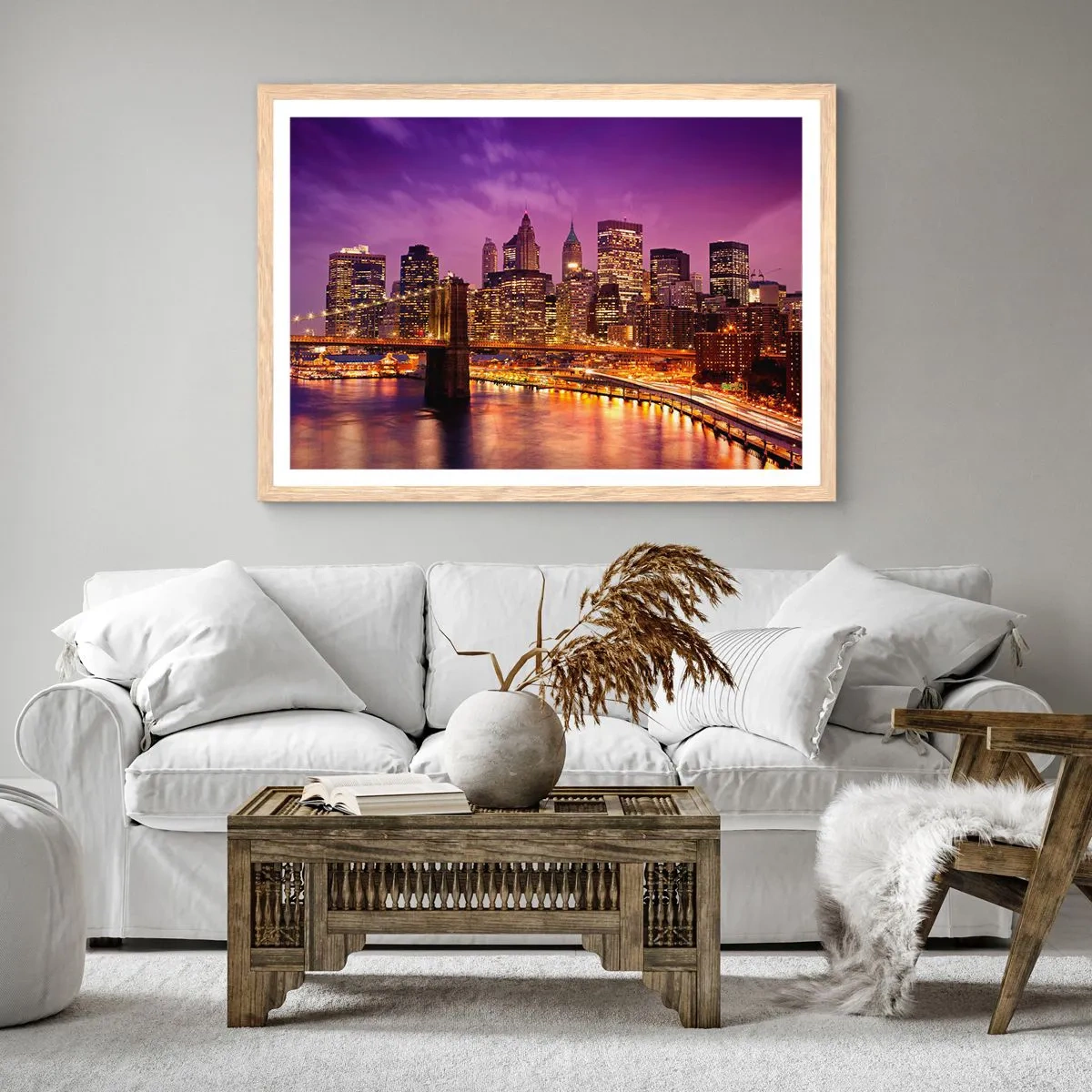 Poster in einem Rahmen aus heller Eiche - Violett-goldenes Manhathann - 50x40 cm