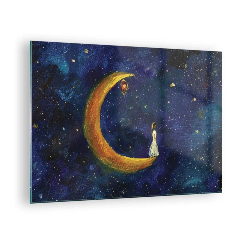 Glasbild - Bild auf glas - Eine Figur auf dem Mond am Nachthimmel - 70x50cm - Der Ruf der Welt - Moderne Wanddekoration für Wohnzimmer und Schlafzimmer ARTTOR