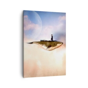 Bild auf Leinwand - Leinwandbild - Eine fantastische Szene einer Frau auf einem Wal zwischen den Wolken - 50x70cm - Eine echte Reise - Moderne Wanddekoration für Wohnzimmer und Schlafzimmer ARTTOR