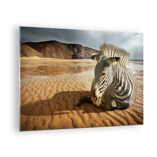 Glasbild - Bild auf glas - Ein Zebra ruht sich bei Sonnenuntergang am Strand aus - 70x50cm - Wir passen zusammen - Moderne Wanddekoration für Wohnzimmer und Schlafzimmer ARTTOR