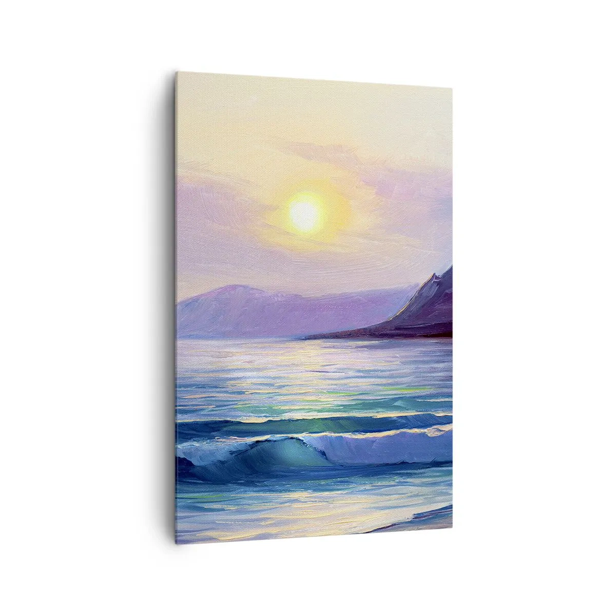 Bild auf Leinwand - Leinwandbild - Eine malerische Meereslandschaft bei Sonnenuntergang mit Wellen und Bergen - 80x120cm - Wasser- und Luftkristall - Moderne Wanddekoration für Wohnzimmer und Schlafzimmer ARTTOR