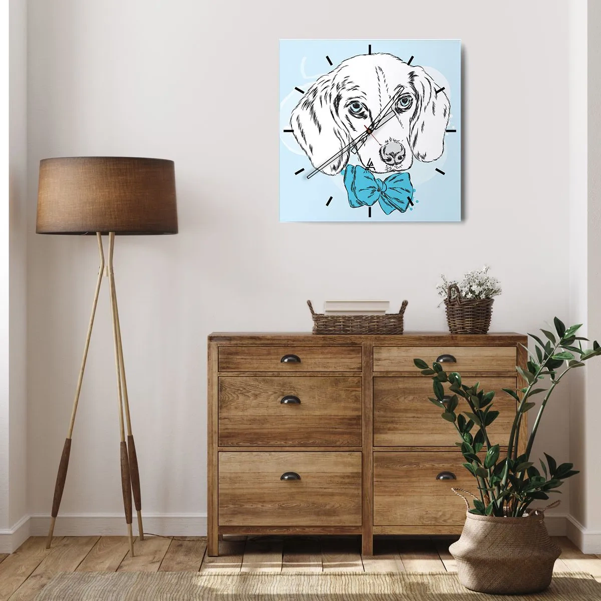 Wanduhr - Glasuhr - Entzückende Grafik eines Hundes mit Fliege auf pastellfarbenem Hintergrund - 30x30cm - Hunde-Eleganz - Moderne Wanddekoration für Wohnzimmer und Schlafzimmer ARTTOR