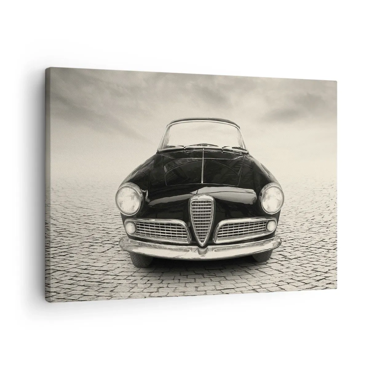 Bild auf Leinwand - Leinwandbild - Ein Oldtimer auf einem Kopfsteinpflasterplatz im monochromen Stil - 70x50cm - Man muss mich einfach lieben - Moderne Wanddekoration für Wohnzimmer und Schlafzimmer ARTTOR