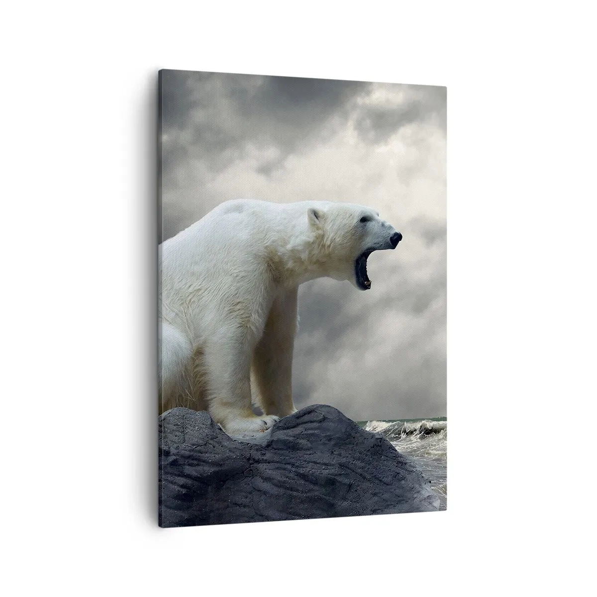 Bild auf Leinwand - Leinwandbild - Ein Eisbär auf den Felsen über einem stürmischen Meer - 50x70cm - Der einsame König der Arktis - Moderne Wanddekoration für Wohnzimmer und Schlafzimmer ARTTOR