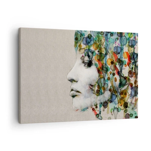 Bild auf Leinwand - Leinwandbild - Profil einer Frau in Aquarellfarben mit abstraktem Hintergrund - 70x50cm - Sie tauchte aus dem Grau auf - Moderne Wanddekoration für Wohnzimmer und Schlafzimmer ARTTOR