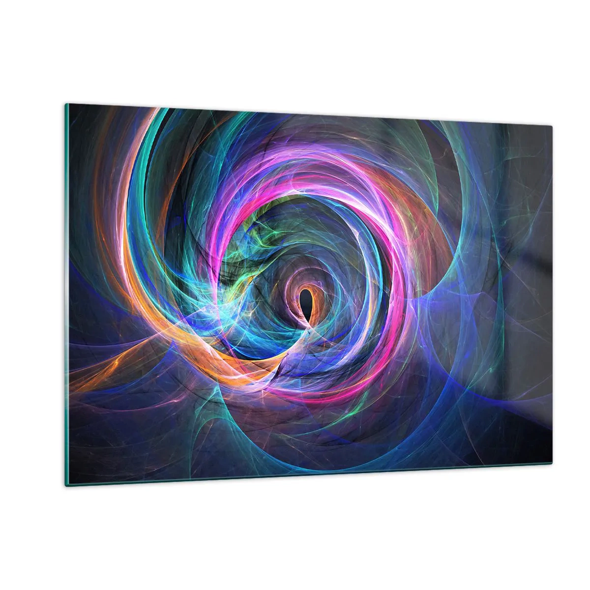 Glasbild - Bild auf glas - Eine abstrakte Spirale in intensiven Farben auf dunklem Hintergrund. - 120x80cm - Wohin wirst du mich bringen? - Moderne Wanddekoration für Wohnzimmer und Schlafzimmer ARTTOR