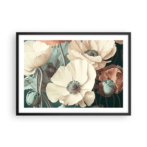 Poster in einem schwarzem Rahmen - Elegante Blumen in Pastelltönen auf grünem Hintergrund - 70x50cm - Flüstern von Mohnblumen - Moderne Wanddekoration für Wohnzimmer und Schlafzimmer ARTTOR